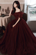 Robe de bal bordeaux à épaules dénudées en tulle, coupe ligne, robe de soirée Y8351