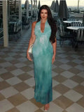 Elegante abito lungo da sera in chiffon blu stampato, senza schiena, modello da ballo Y8478