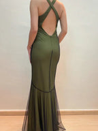 Vestido de noite vintage de cetim com alças, bordado com contas, estilo sereia, sexy, costas descobertas, verde, vestido de baile Y8228