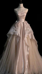 Abito da sera ampio rosa senza spalline a linea ad A in tulle Abito elegante Y6761