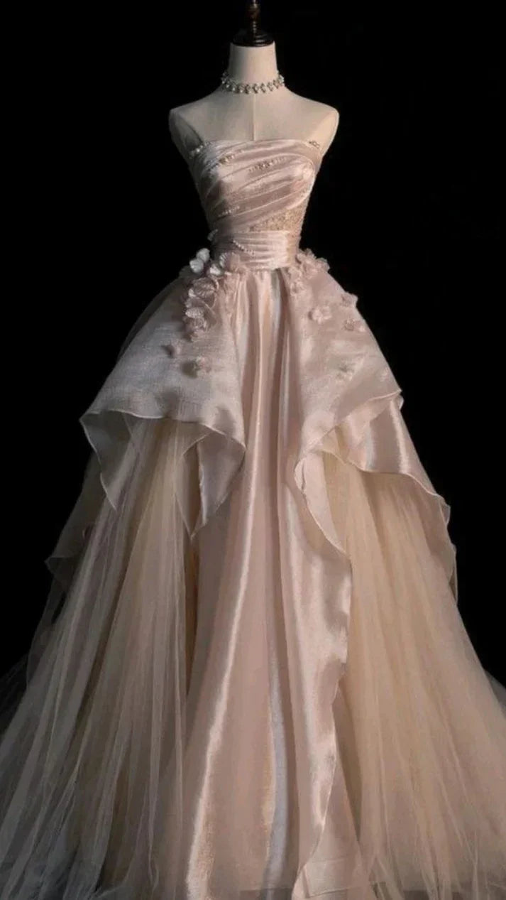 Abito da sera ampio rosa senza spalline a linea ad A in tulle Abito elegante Y6761