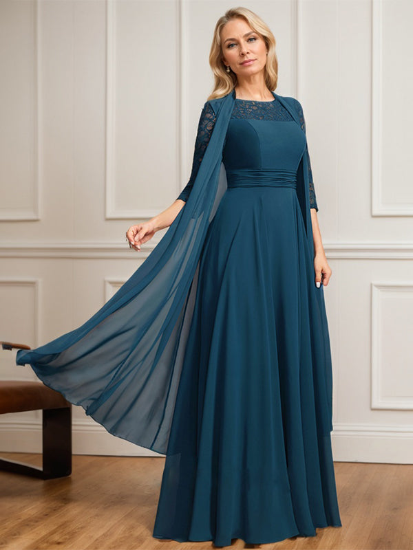 A-Linie U-Ausschnitt Illusion Bodenlang Spitze Chiffon Mutter der Braut Kleid Mit Plissee 