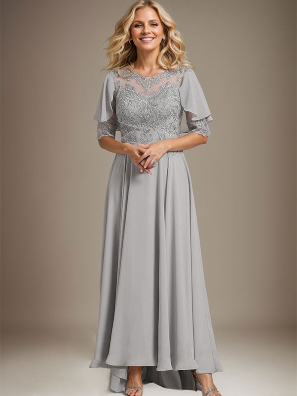 Robe de mère de la mariée en mousseline et dentelle asymétrique à encolure dégagée en ligne A avec perles