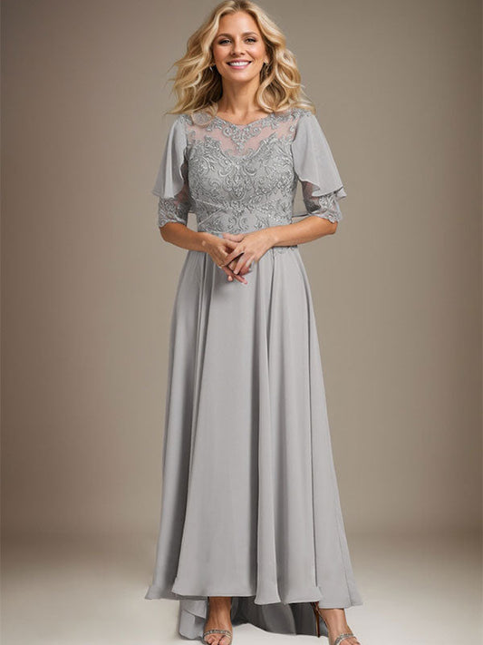 Vestido de madre de la novia de gasa asimétrica con encaje, ilusión, corte A y escote redondo con cuentas 