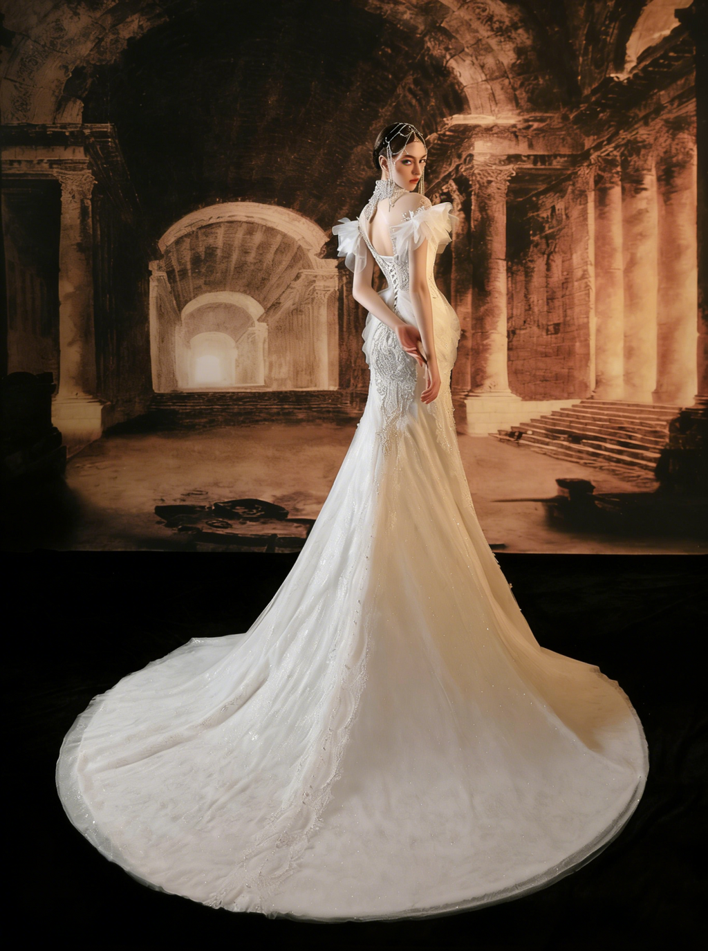Abito da sposa sirena con perline, collo alto e maniche di tulle arricciato