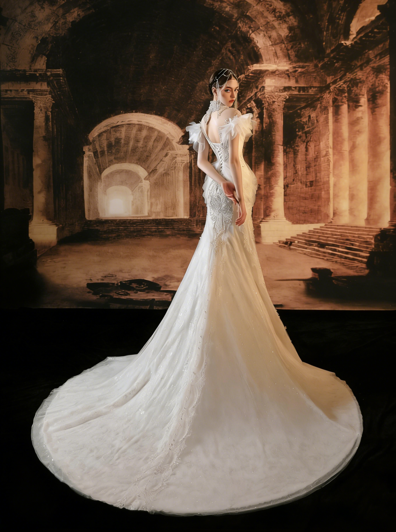 Robe de mariée sirène perlée avec col montant et manches en tulle volanté