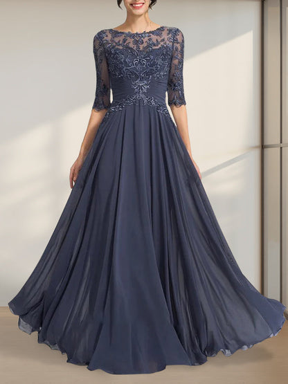 A-Linie, U-Ausschnitt, Illusion, bodenlanges Chiffon-Spitzenkleid für die Brautmutter mit plissierten Pailletten
