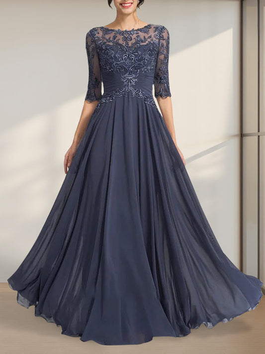 Vestido de gasa de encaje con escote en A y ilusión hasta el suelo para madre de la novia con lentejuelas plisadas