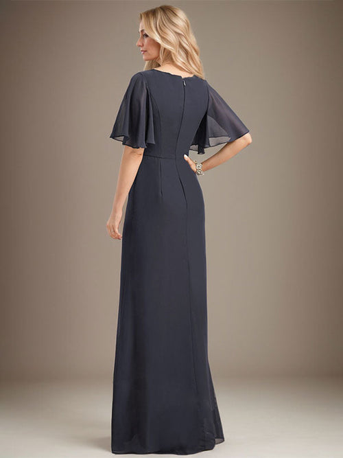 Abito da madre della sposa in chiffon a linea ad A, scollatura a U, lunghezza fino al pavimento, con balze a cascata, perline e paillettes