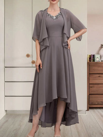 Vestido de gasa asimétrico para madre de la novia con escote en V, corte A y lentejuelas con abalorios