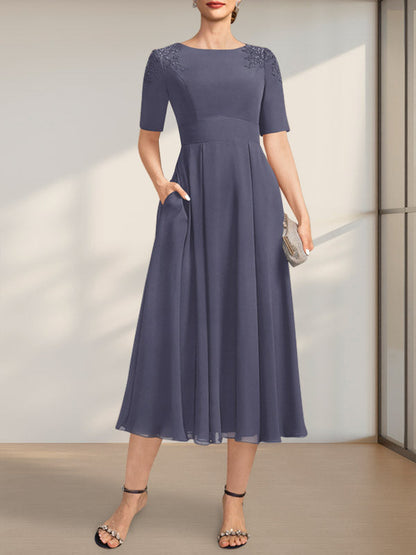 A-Linie U-Ausschnitt Wadenlang Chiffon Kleid für die Brautmutter mit Applikationen Spitze Pailletten