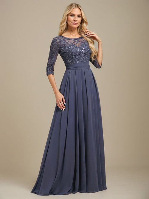 Abito da madre della sposa in chiffon di pizzo a linea ad A, scollatura a barchetta, lungo fino al pavimento, con applicazioni di paillettes