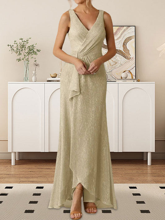 A-Linien-Kleid mit V-Ausschnitt und gerüschtem Metallic-Netzstoff