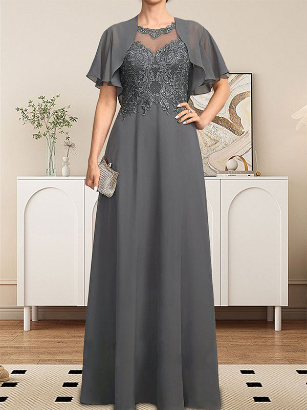 A-Linie, U-Ausschnitt, Illusion, bodenlanges Spitzen-Chiffon-Kleid für die Brautmutter mit Pailletten
