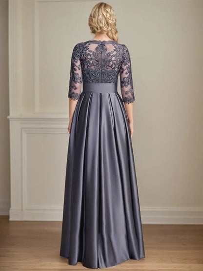A-Linie, U-Ausschnitt, Illusion, bodenlanges Satin-Spitzenkleid für die Brautmutter mit Paillettenschleife 