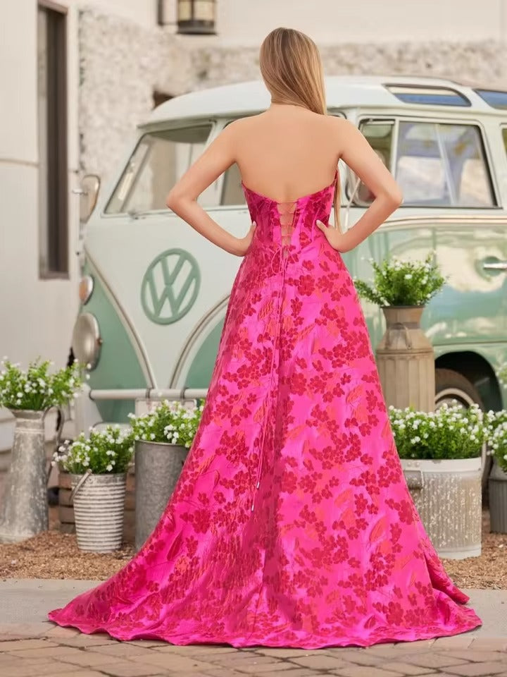 Vestido de Baile Jacquard Floral Sem Alças | Vestido de Baile com Decote Coração e Fenda