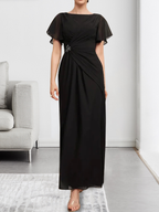 Robe de mère de la mariée en mousseline, longueur cheville, en ligne A, encolure dégagée, ornée de perles et plissée