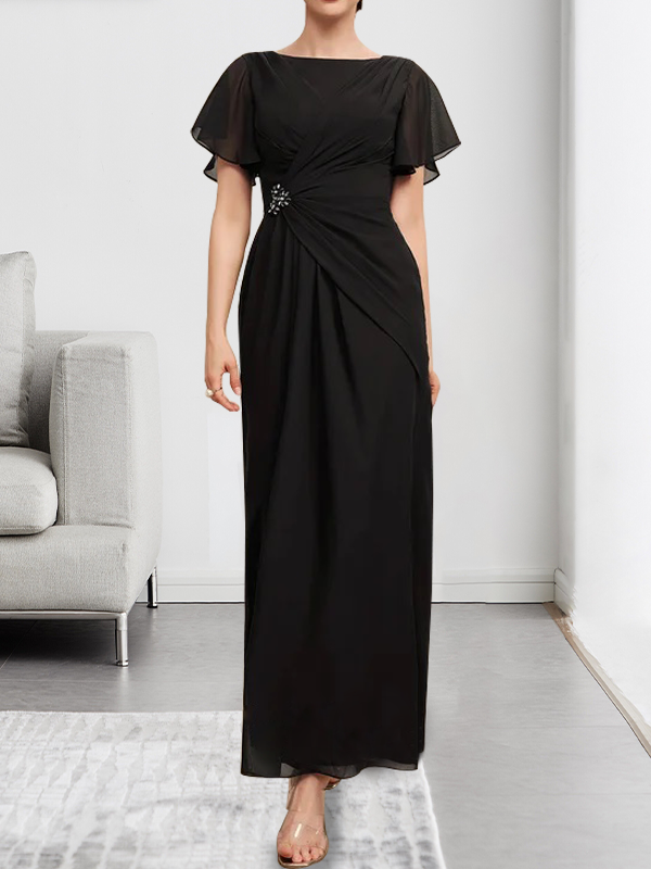 Robe de mère de la mariée en mousseline, longueur cheville, en ligne A, encolure dégagée, ornée de perles et plissée