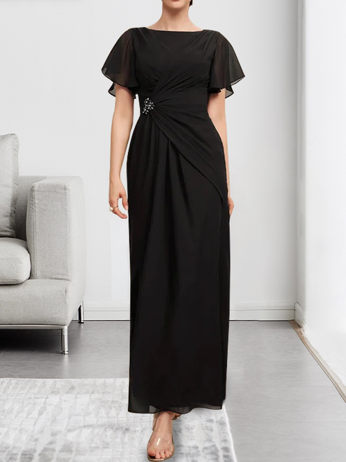 Abito da madre della sposa in chiffon a linea ad A, scollatura a U, lunghezza alla caviglia, con perline e pieghettature