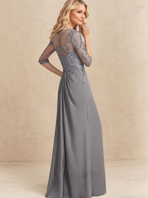 Abito da madre della sposa in chiffon e pizzo con scollatura a U, linea a trapezio, lunghezza fino al pavimento, con perline, paillettes e balze a cascata