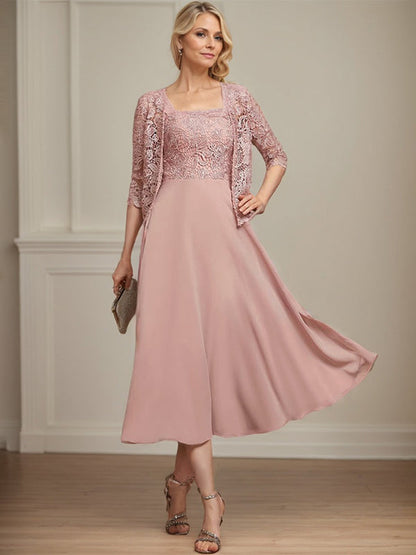 A-Linie Quadratisches Wadenlanges Chiffon-Spitzenkleid für die Brautmutter mit Pailletten und Perlen 