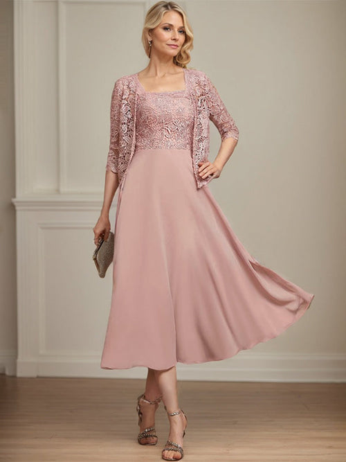 Abito da madre della sposa in chiffon e pizzo, linea a trapezio, lunghezza al tè, con perline di paillettes