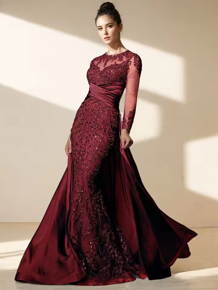 Abito da sera elegante bianco con applicazioni in pizzo di tulle, maniche lunghe, linea a trapezio, modello Y8514