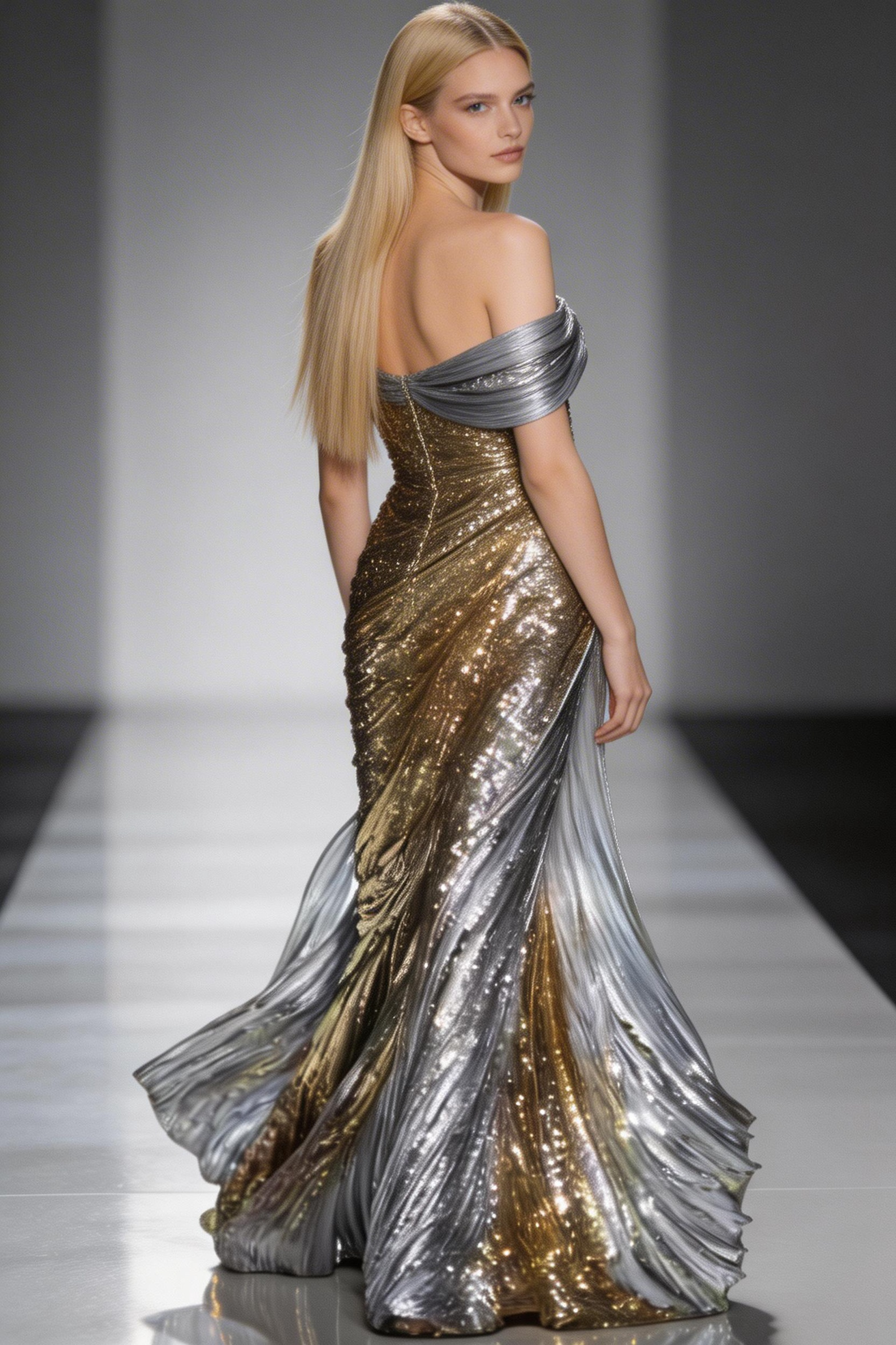 Vestido de Noite Longo com Lantejoulas Brilhantes, Ombros Descobertos, Estilo Sereia, Vestido de Baile Y8393