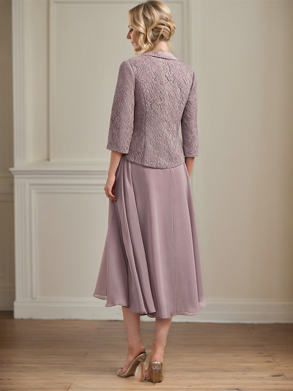 Robe de mère de la mariée en dentelle et mousseline, longueur thé, coupe en A avec encolure dégagée