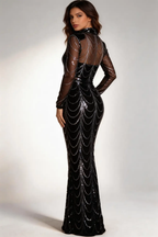 Luxury Black Silver Sequin Mesh Mermaid Evening Gown, Long Sleeve Formal Prom Dress by tangjianjun