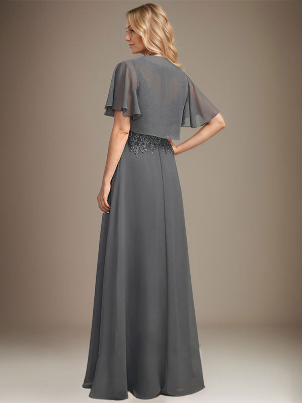 A-Linie, U-Ausschnitt, Illusion, bodenlanges Spitzen-Chiffon-Kleid für die Brautmutter mit Pailletten