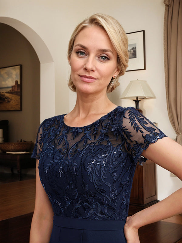 Robe de mère de la mariée en mousseline et dentelle asymétrique illusion à encolure dégagée, coupe en A, avec nœud, volants et paillettes