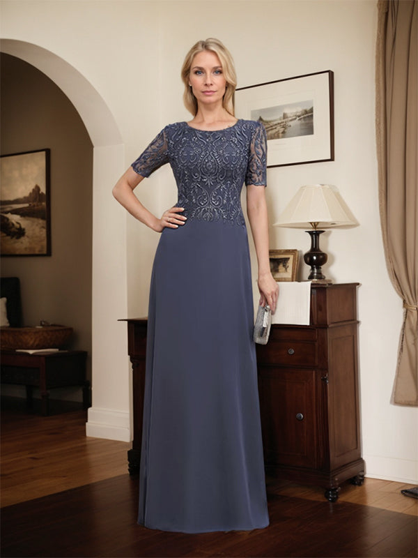 Robe de mère de la mariée en dentelle et mousseline, longueur au sol, en ligne A, décolleté en U, ornée de paillettes