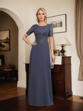 Robe de mère de la mariée en dentelle et mousseline, longueur au sol, en ligne A, décolleté en U, ornée de paillettes