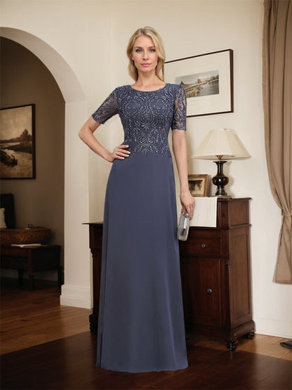 A-Linie U-Ausschnitt Bodenlang Spitzen-Chiffon-Kleid für die Brautmutter mit Pailletten