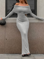 Abiti da Sera Lunghi a Maniche Lunghe e Aderenti con Piega a Soffietto, Monocolore, Spacco Laterale e Scollati sulle Spalle