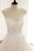 Vintage Jewel Tulle Long A Line Wedding Dress With Appliques Lace