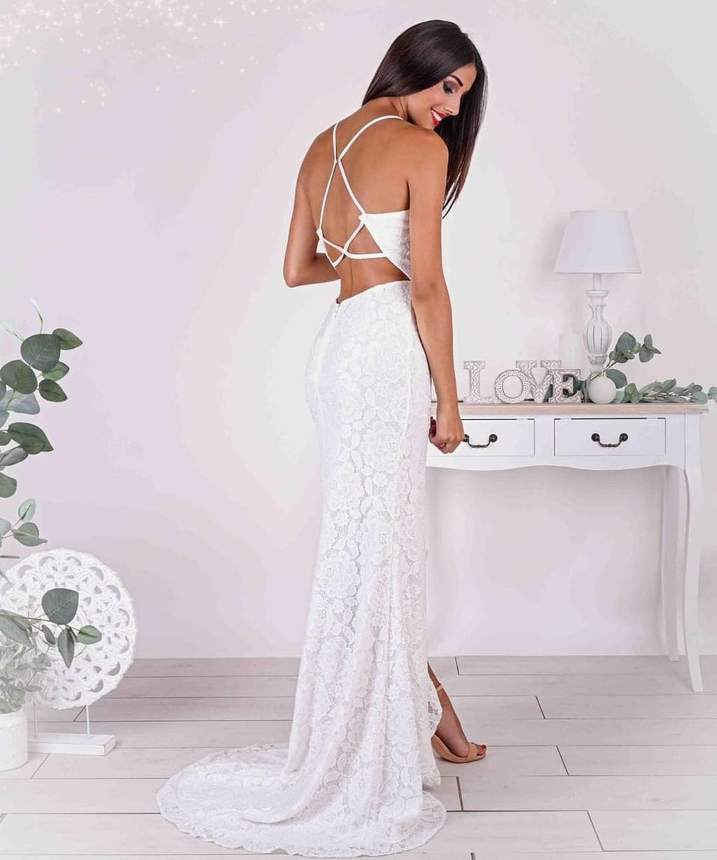 Vestido de cerimónia com alças finas estilo sereia, sem alças, com aplicação de renda