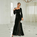 Elegantes, sexy Langarm-Kleid mit langem, quadratischem Kragen aus Samt, Jahrestagung, geteiltes Abendkleid, Brautjungfernkleid, Damenkleid 