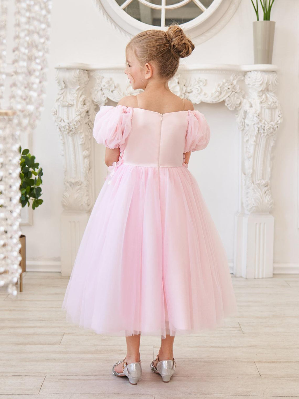 Tulle Tea Length Flower Girl Dress Square Neck Floral Applique Beading