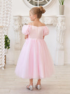 Tulle Tea Length Flower Girl Dress Square Neck Floral Applique Beading