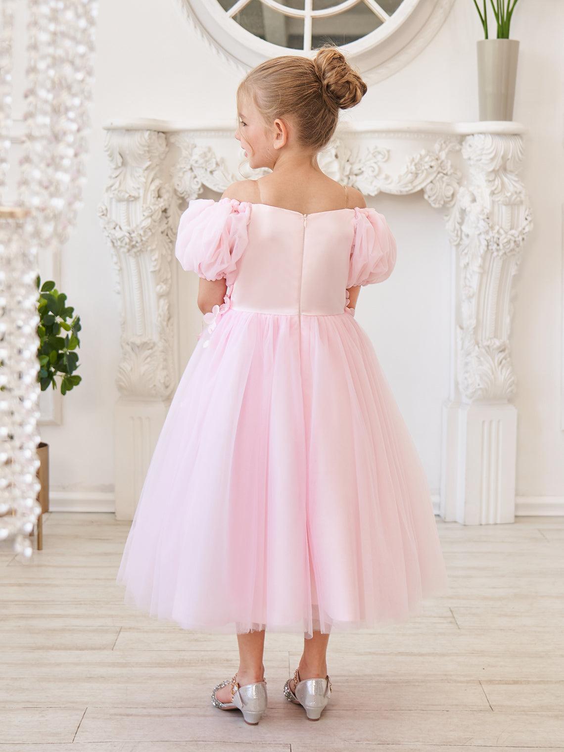 Tulle Tea Length Flower Girl Dress Square Neck Floral Applique Beading