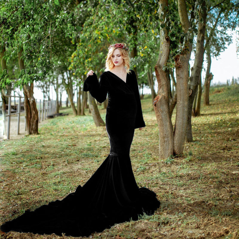 6127#Robe longue en velours doré pour femme enceinte, col en V, queue de poisson, robe de photographie 