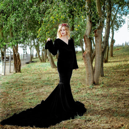 6127#Robe longue en velours doré pour femme enceinte, col en V, queue de poisson, robe de photographie 