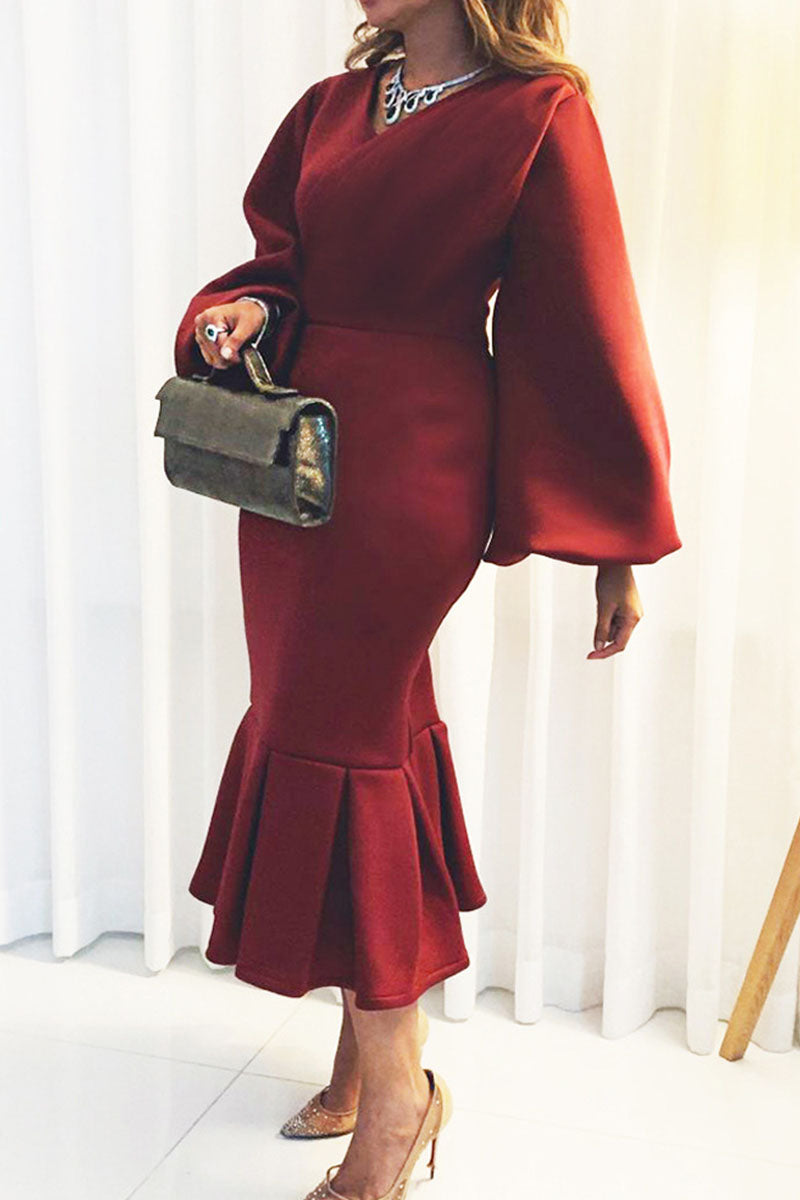 Elegant Solid Patchwork V Neck Evening Dress Dresses(4 Colors))