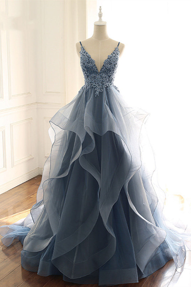 BMbridal Chic Tulle Spaghetti Straps V Neck Prom Dresses with Appliques Online