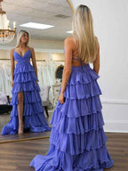 Lavender Purple A Line Prom Dress With V Neck Ruffles
