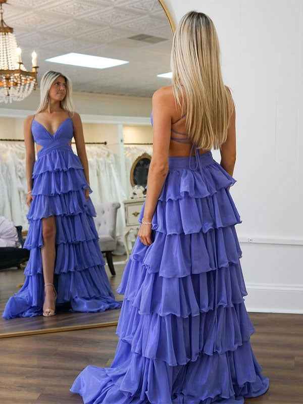 Lavender Purple A Line Prom Dress With V Neck Ruffles