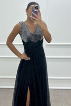 V-Neck Waist Rose Detail Embroidered Design Dress