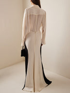 Lange Ärmel Lose Kontrastfarbe V-Ausschnitt Abendkleider Maxikleider 